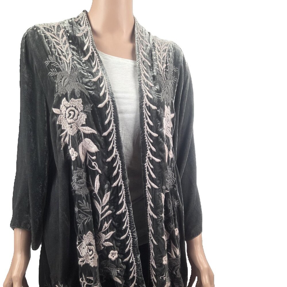 Johhny Was Grey Velvet Silk Embroidered Jacket L EUC